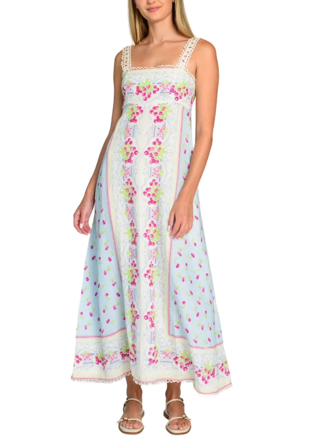 With her fitted empire bodice and flattering paneled skirt, Annalisa is a favorite silhouette all year long. She looks especially chic in this stunning Cherries print, elevated with a decorative border and picot trim. Adjustable straps and a smocked back offer a comfortable fit for the perfect midi dress.

Product Details

Viscose linen
Button adjustable straps
Fitted front bodice
Back smocking and zipper
Side seam pockets
Fully lined
Decorative &amp; picot trim accents