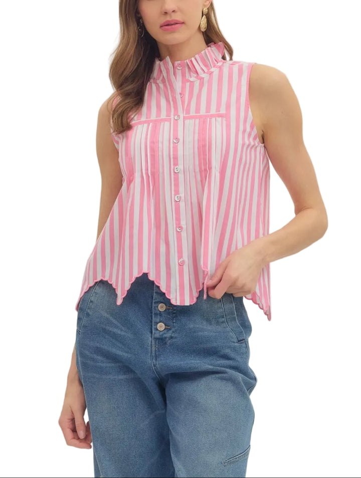 Striped sleeveless top featuring scallop hem. Button closure at front. Unlined. Woven. Non-sheer. Lightweight.