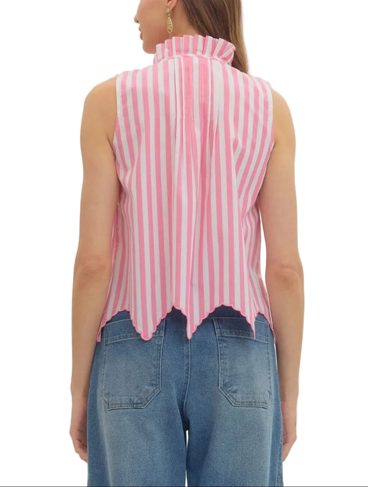 Striped sleeveless top featuring scallop hem. Button closure at front. Unlined. Woven. Non-sheer. Lightweight.