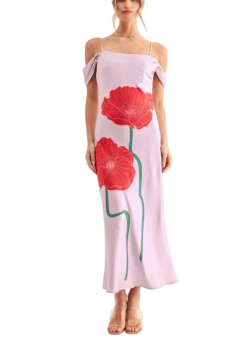 The silhouette features a stunning off-the-shoulder design paired with a soft cowl neckline, creating a draped, liquid-like effect across the bodice that is incredibly flattering to the collarbones. Adding to its romantic charm is the flower detail—often a 3D fabric rosette or a large-scale floral placement—that serves as a tactile focal point.