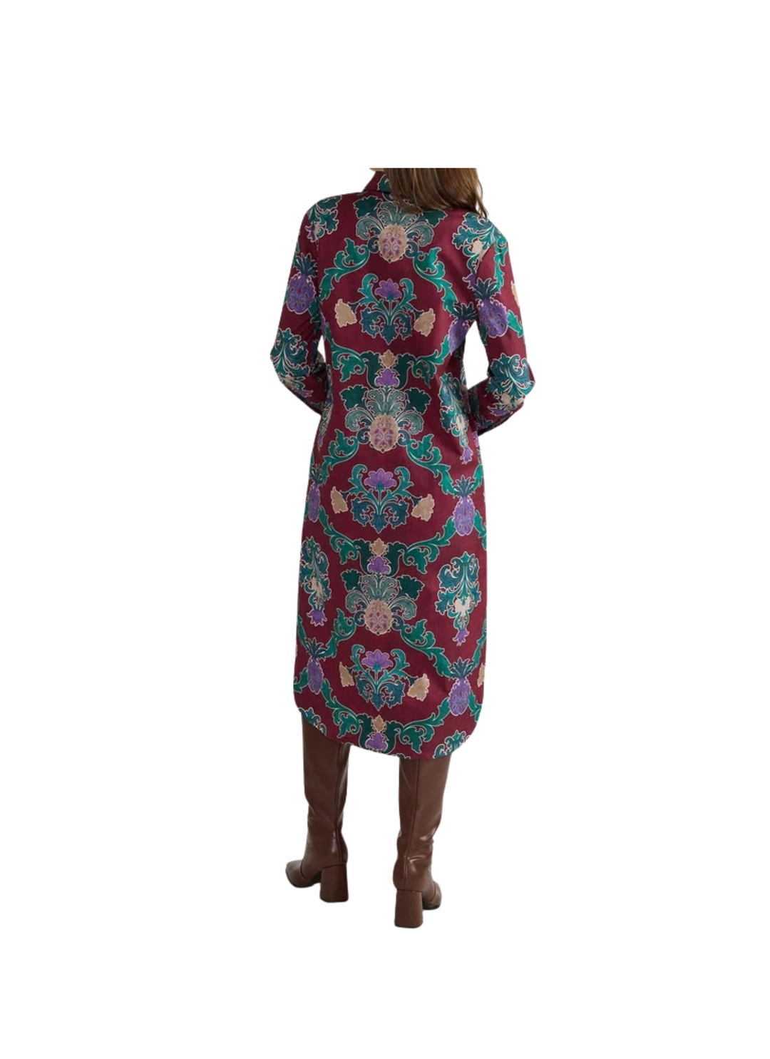A crisp shirt collar and a trail of gleaming gold buttons lend this midi shirtdress a dash of vintage flair, while buttoned cuffs and a softly curved hem keep the long, lean lines effortlessly cool. Tuck in some croc-embossed boots and you&
