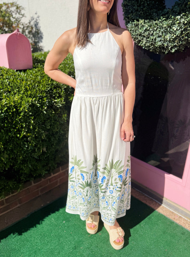 Senara Floral Triny Halter Neck Midi Dress - Pickering Boxwood
