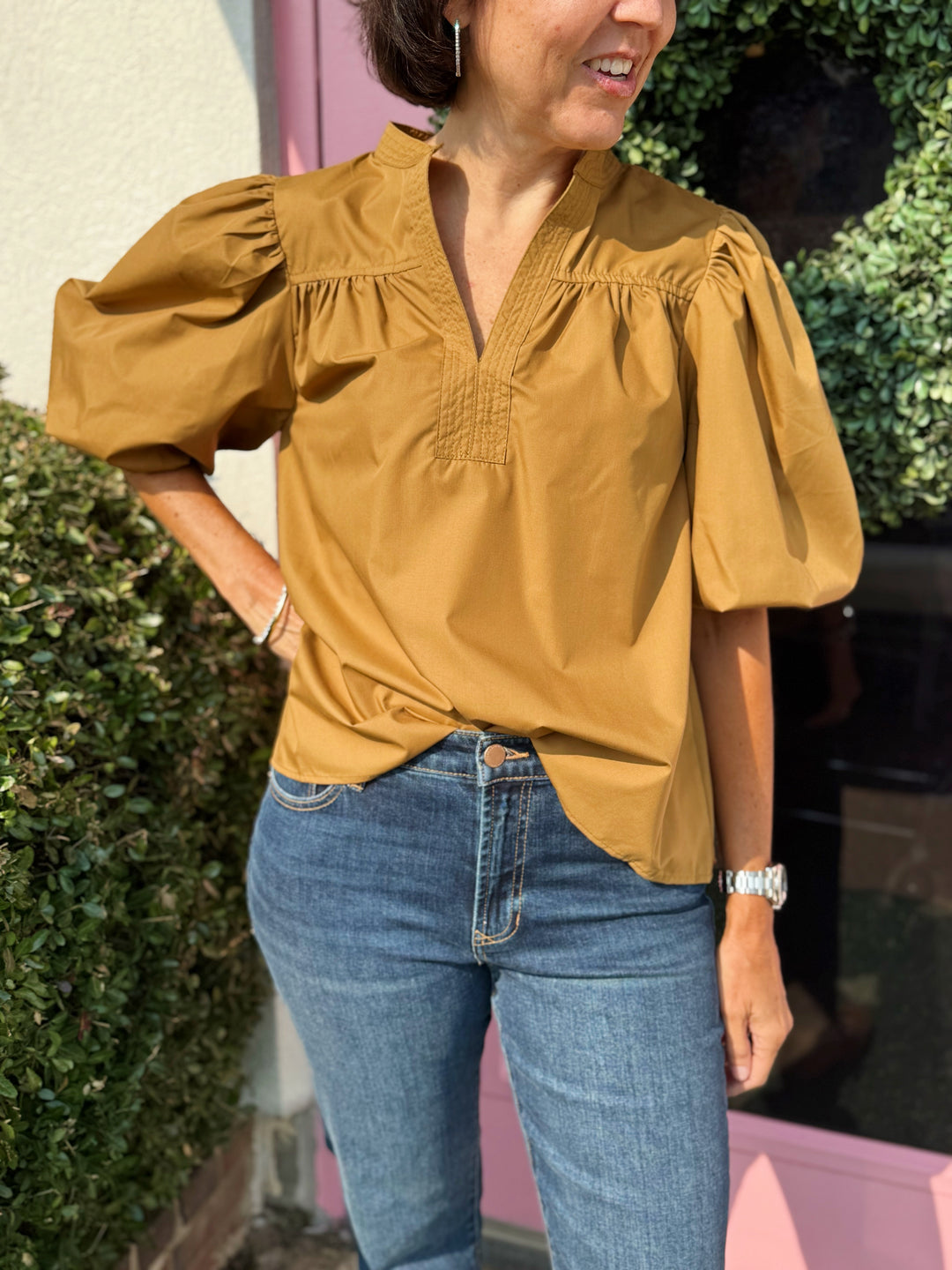 Mandarin Bubble Sleeve Poplin Top