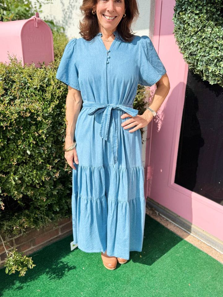 Skylah Denim Britt Poplin Tiered Midi Dress