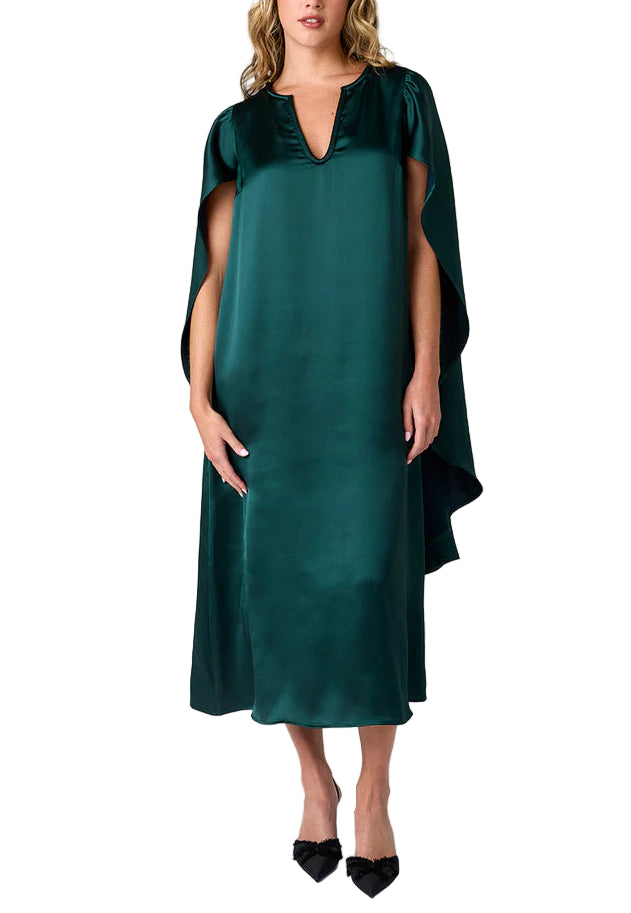 The statement dress of the season has arrived! This stunning cape dress features a flattering split V-neckline, bra-friendly design, and a flowy attached cape that guarantees all eyes will be on you.