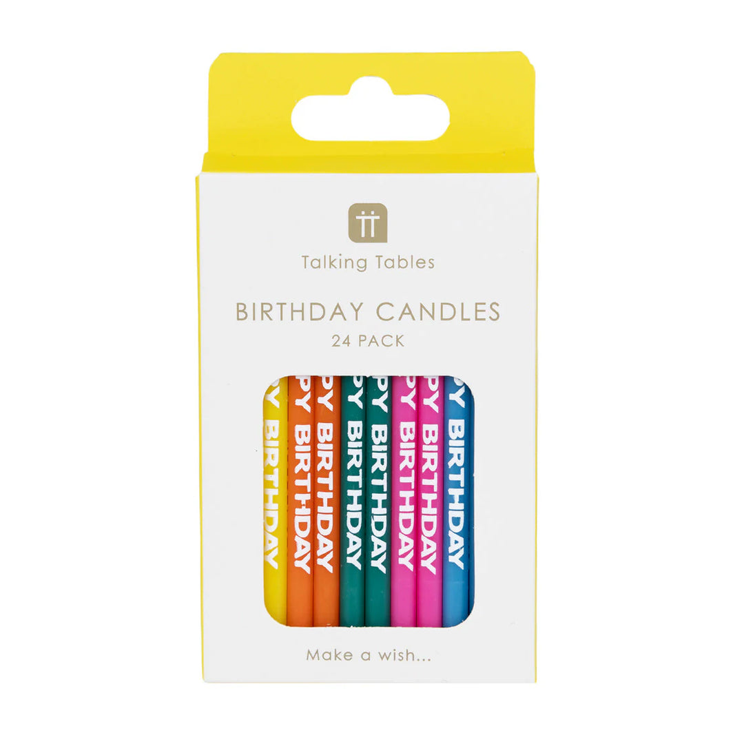 A colorful way to celebrate any birthday. This pack of 24 wax candles in bright Crayola shades of yellow, pink, green, blue, and orange, all printed with ‘Happy Birthday,’ in contrasting white text. Suitable for any age and gender, they are guaranteed to look great on top of all types of cakes. We have removed the plastic candle holders in keeping with our mission to phase out plastic from our products.

Pack size: 24 - x5 blue, x5 yellow, x5 orange, x5 pink, x4 green