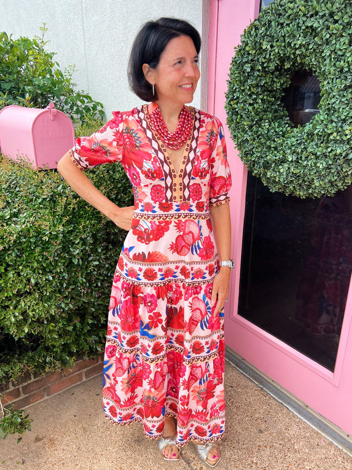 Martha Floral Print Dress in Red Multi