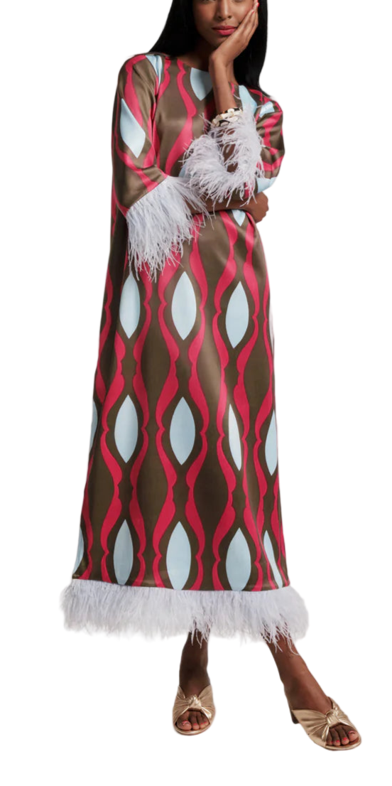 The Belle of the ball has arrived! Introducing the Belle Maxi, it's sure to be love at first sight and bring a spark to your closet. This easy yet stunning silhouette features long, statement sleeves, a flowing maxi shape, and a daring slit up both sides. Done in our brand-new Lava Geo print and adorned with fluttering faux feathers in our signature blue this high-contrast geometric beauty is destined to find its fan club wherever you take it.