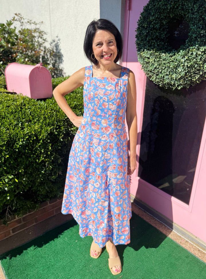 Morgan Shell Print Midi Dress in Blue