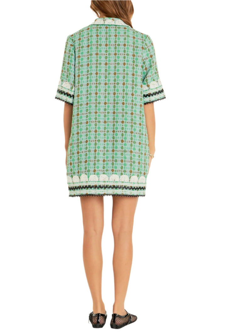 This Boucle Mini Shirt Dress With Ric Rac Trim is a stylish and modern dress for any occasion. It features a mini-length, shirt collar and all-over boucle fabric for an eye-catching look. The ric rac trim across the chest gives a chic and stylish contrast to the dress. It's perfect for the fashion-forward individual who wants to make a statement.
Hand wash cold