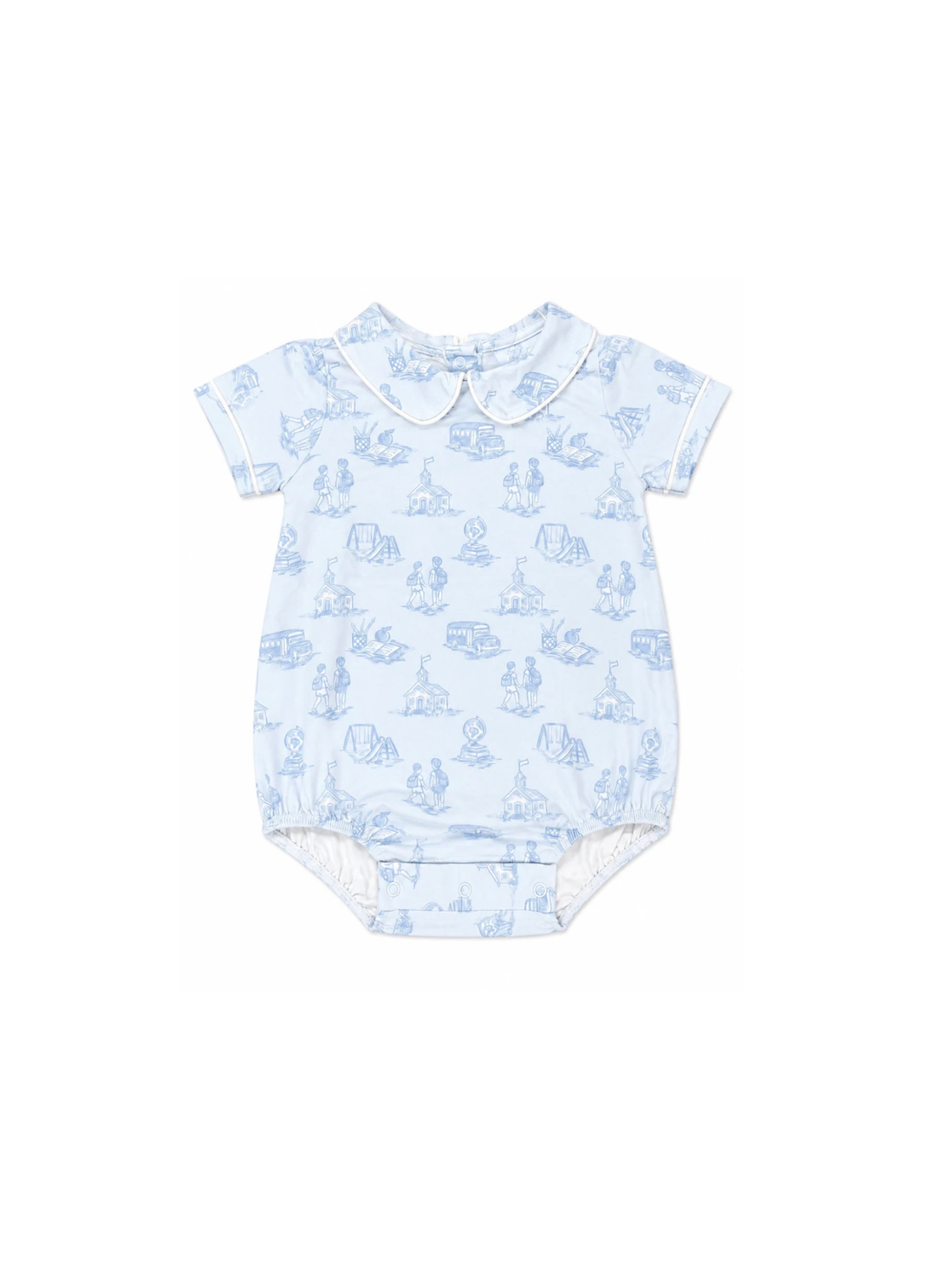 A baby short-sleeve bodysuit with a white Peter Pan collar, featuring a light blue repeating pattern of classic cartoon characters, shown on a plain white background.