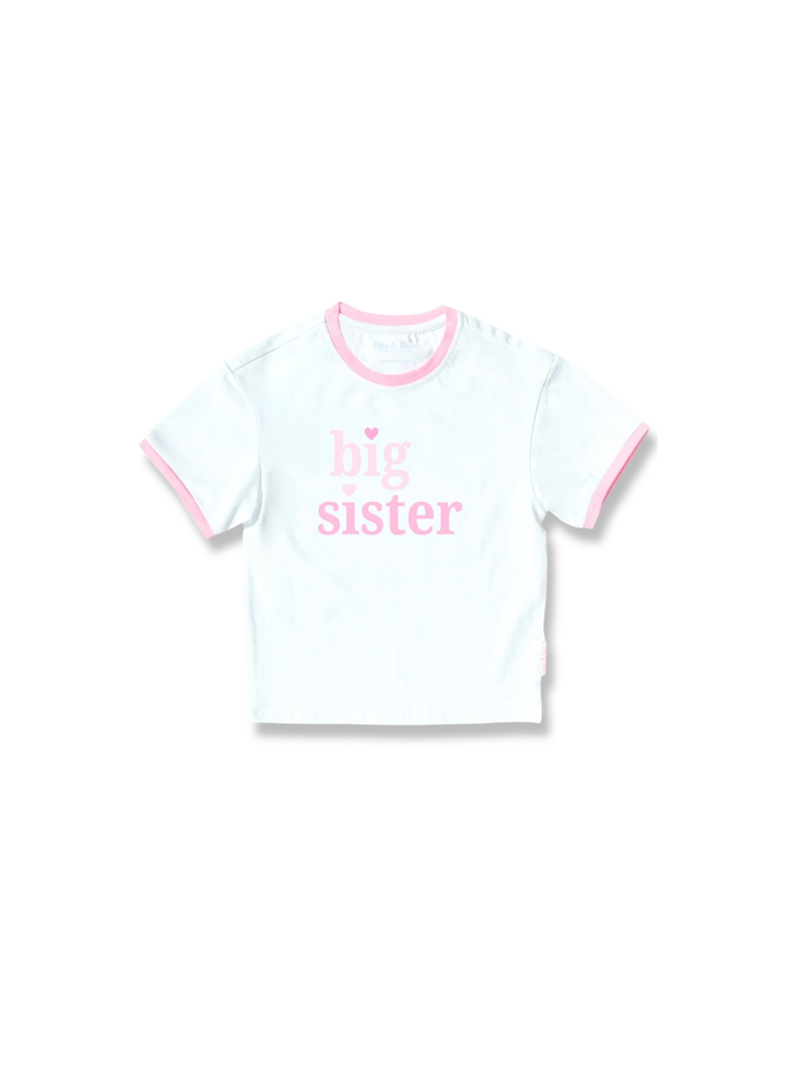 A white short-sleeve ringer T-shirt with pink trim on the collar and sleeve cuffs, featuring the words &