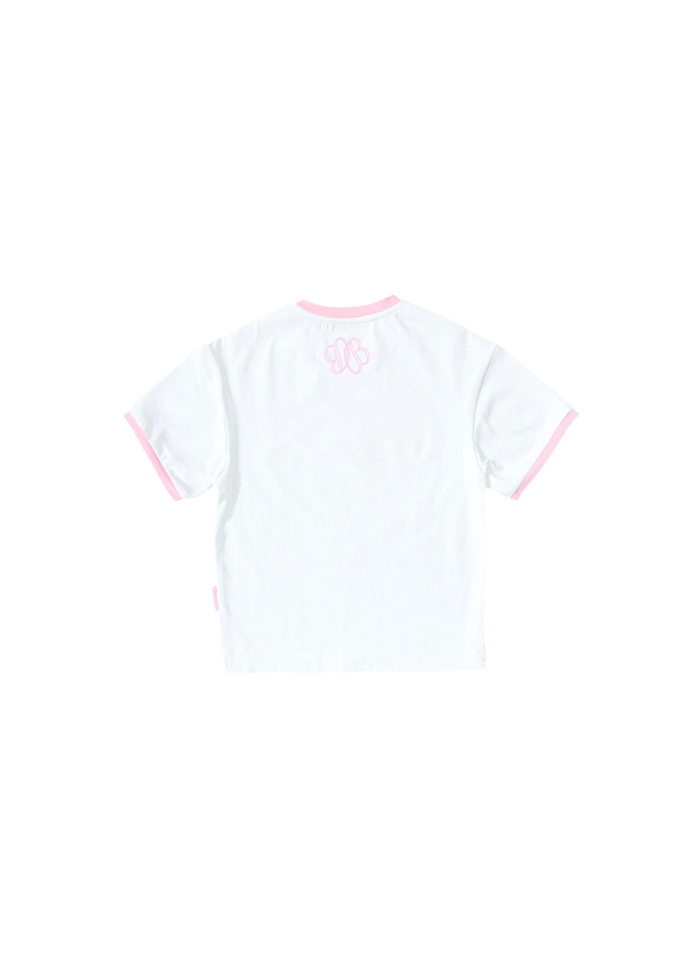 White short-sleeve ringer t-shirt with pink trim on the collar and sleeve cuffs, featuring a small pink graphic on the upper back.
