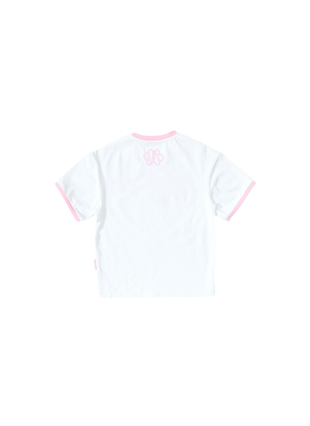 White short-sleeve ringer t-shirt with pink trim on the collar and sleeve cuffs, featuring a small pink graphic on the upper back.