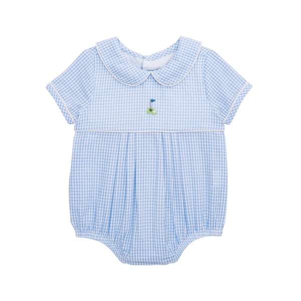 Blue checkered baby romper with a small golf design on a white background