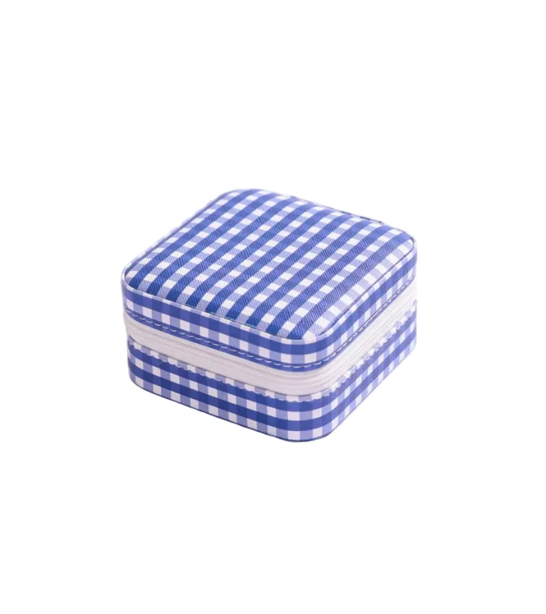 Blue and white checkered square box on a white background