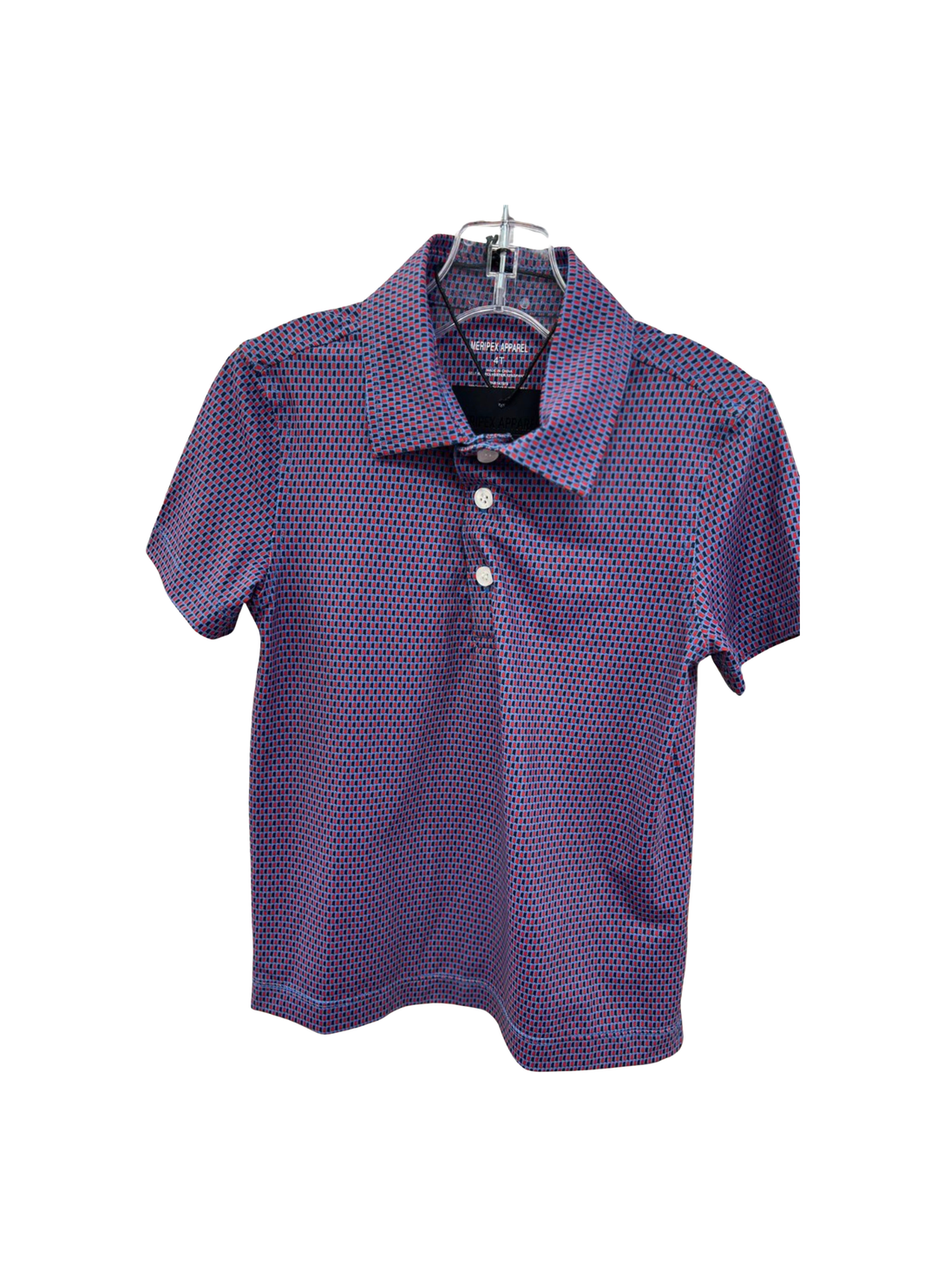 A short-sleeve polo shirt in purple with a small repeating geometric pattern, hanging on a clear plastic hanger against a plain white background.