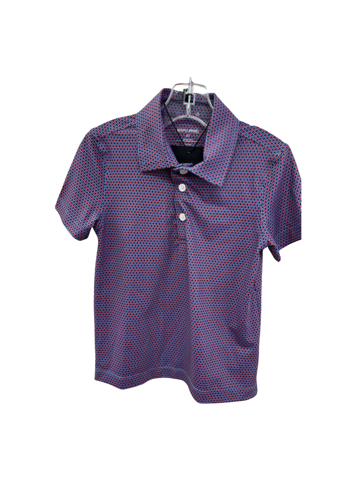 A short-sleeve polo shirt in purple with a small repeating geometric pattern, hanging on a clear plastic hanger against a plain white background.