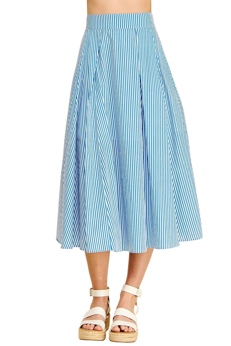 Blue and white striped midi skirt