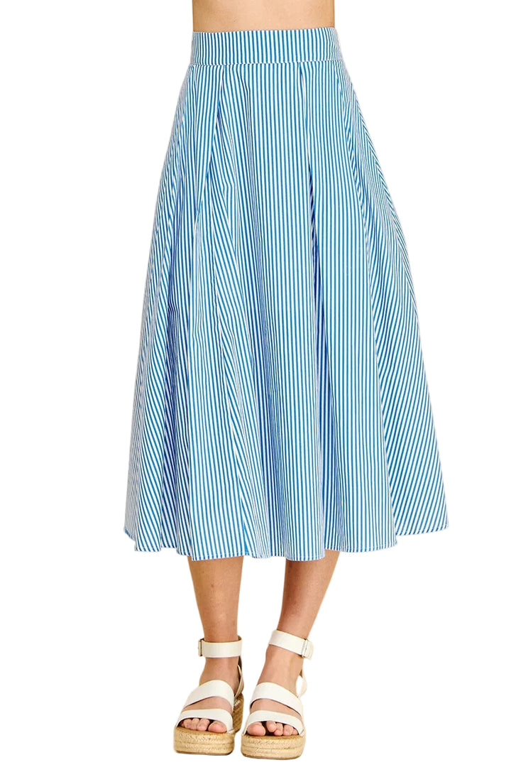 Blue and white striped midi skirt