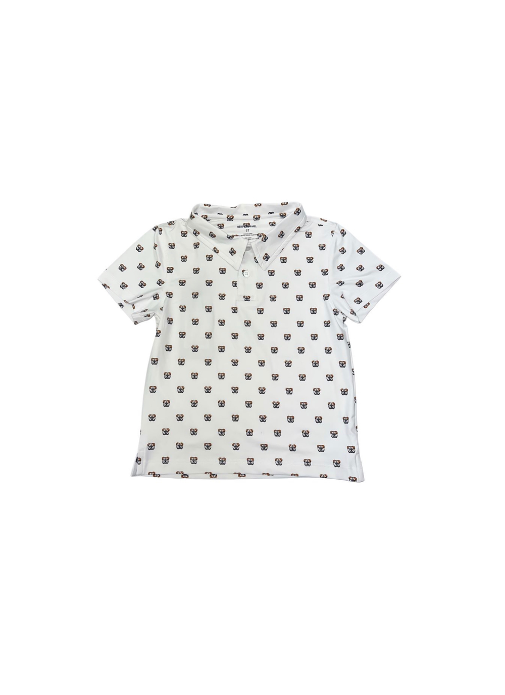 A white short-sleeve polo shirt with a repeating small bulldog face pattern, laid flat against a solid white background.