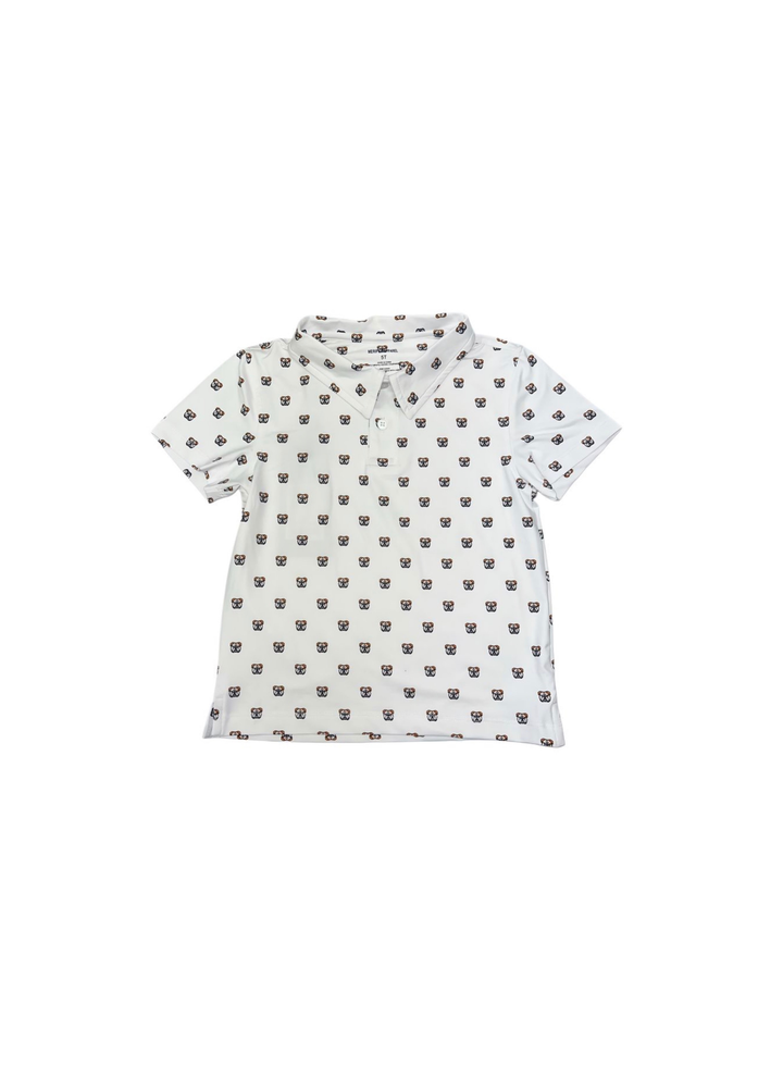 A white short-sleeve polo shirt with a repeating small bulldog face pattern, laid flat against a solid white background.