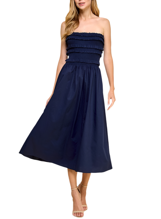 Solid strapless design midi dress featuring a Fitted smocked with ruffles detail top.