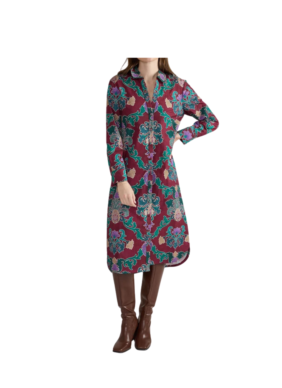 A crisp shirt collar and a trail of gleaming gold buttons lend this midi shirtdress a dash of vintage flair, while buttoned cuffs and a softly curved hem keep the long, lean lines effortlessly cool. Tuck in some croc-embossed boots and you&