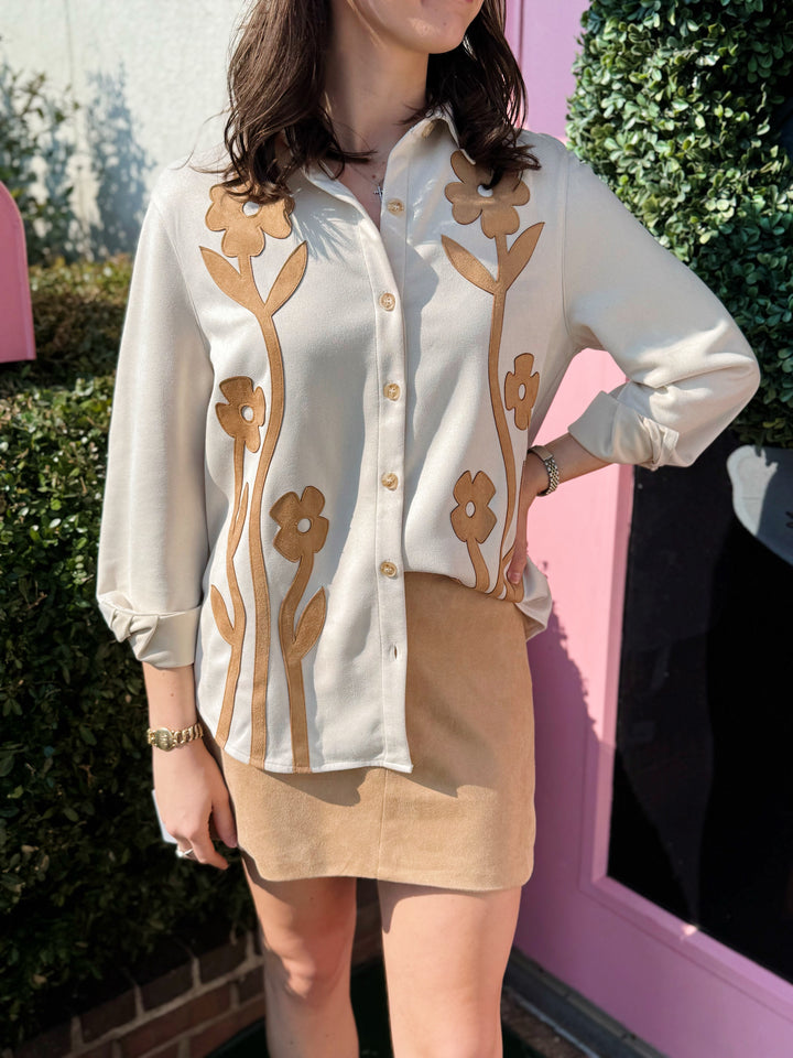Floral Button-Down Suede Shirt