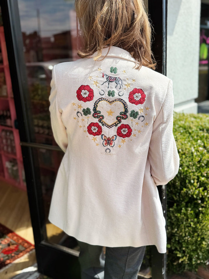 Ecru Corduroy Blazer with Equestrian Embroidery