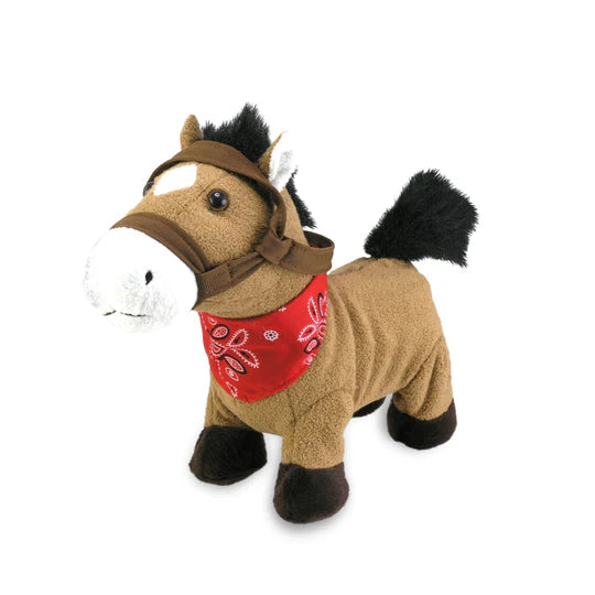 Giddy up Gallop! This spirited horse loves to ride around across large open fields. Gallop will trot around when you press his left ear and will sing "Giddy Up Lil Cowboy" when you press his right! 

Gallop is a brown horse with white markings that wears a red bandana around his neck. This horse friend is the best neigh-bor! 