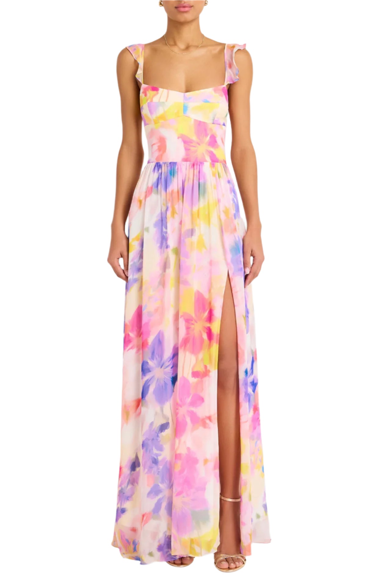 Take things up a notch in the Terrassa Maxi. Designed with dainty ruffled sleeves, a fitted bodice, and a long gathered skirt with a side slit, this dress is the ideal combination of energy and grace. Let the dress shine with understated heels for an eye-catching look.&nbsp;