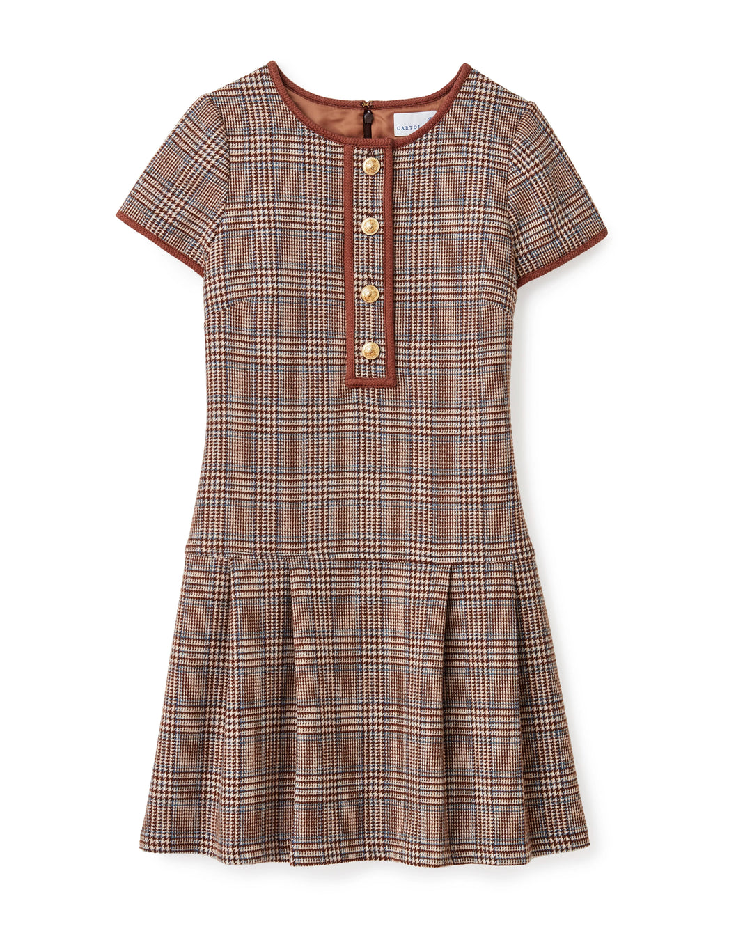The Gabi Dress captures the charm of a wondrous find—tailored and spirited, with a plaid that calls to mind crisp air and quiet strolls. Its dropped waist and pleated hem lend soft movement, while braided trim offers true craft.

Classic Lines: Shift silhouette with front henley placket
Artisanal Detail: Contrast braided trim at neck, placket, and sleeve
Structured Comfort: Fully lined wool-blend tweed with hidden back zip