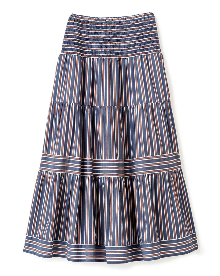 With its sweeping tiers and crisp navy stripe, the Kylie Midi Skirt feels made for slow mornings and long city afternoons. It blends softness and structure in a silhouette that moves with quiet confidence.

Soft Structure: Dropped yoke and tiered design create natural flow
Effortless Fit: Pull-on smocked waistband offers comfort with shape
Functional Detail: Discreet side pockets for everyday ease
