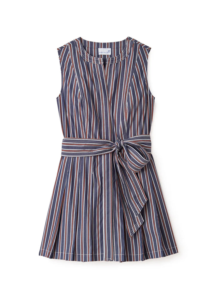 Our best-selling Hadley Romper returns in crisp Navy Stripe, bringing its signature balance of ease and structure to a fresh new palette. With soft pleats, flowing lines, and a skirted silhouette, it’s made for golden hours, getaways, and the moments in between.

 • Tailored Design: Hidden button placket and precise pleating through the bodice
 • Versatile Fit: Detachable self belt and built-in shorts beneath the skirt
 • Lightweight Comfort: Unlined cotton keeps things cool and breathable