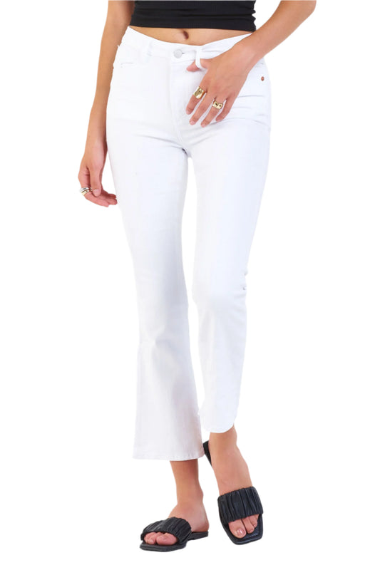 Flare leg finish with super high rise. It's the graceful fit that sits at natural waist and fits skinny in the hips through the knee. Cropped inseam on stretch denim in bright optic white finish &amp; washed for softness.