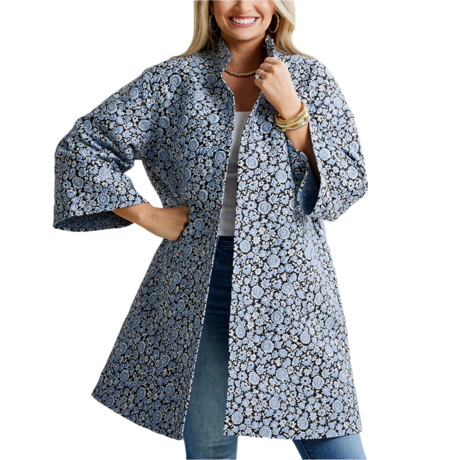 Jacquard Car Coat in Powder/Navy by Caryn Lawn