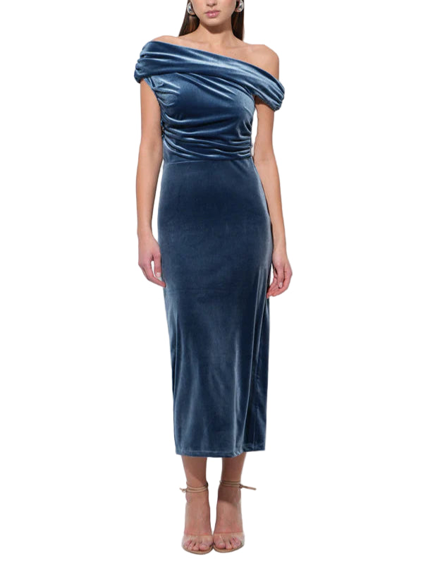 Casette Off Shoulder Velvet Midi Dress