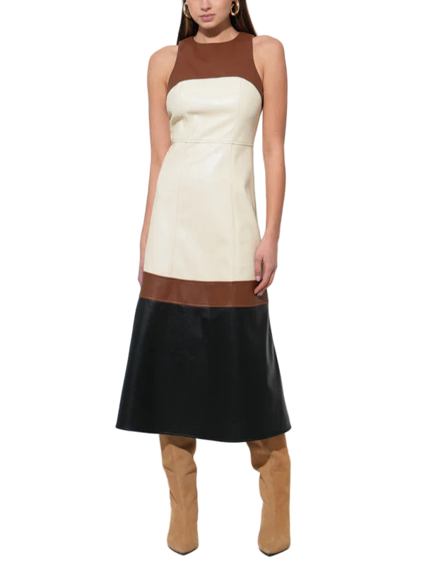 Caspia Vegan Leather Color Block Midi Dress