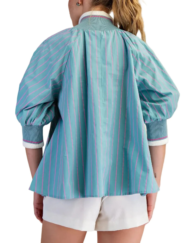 Mock Neck Band Puff Sleeve Blouse