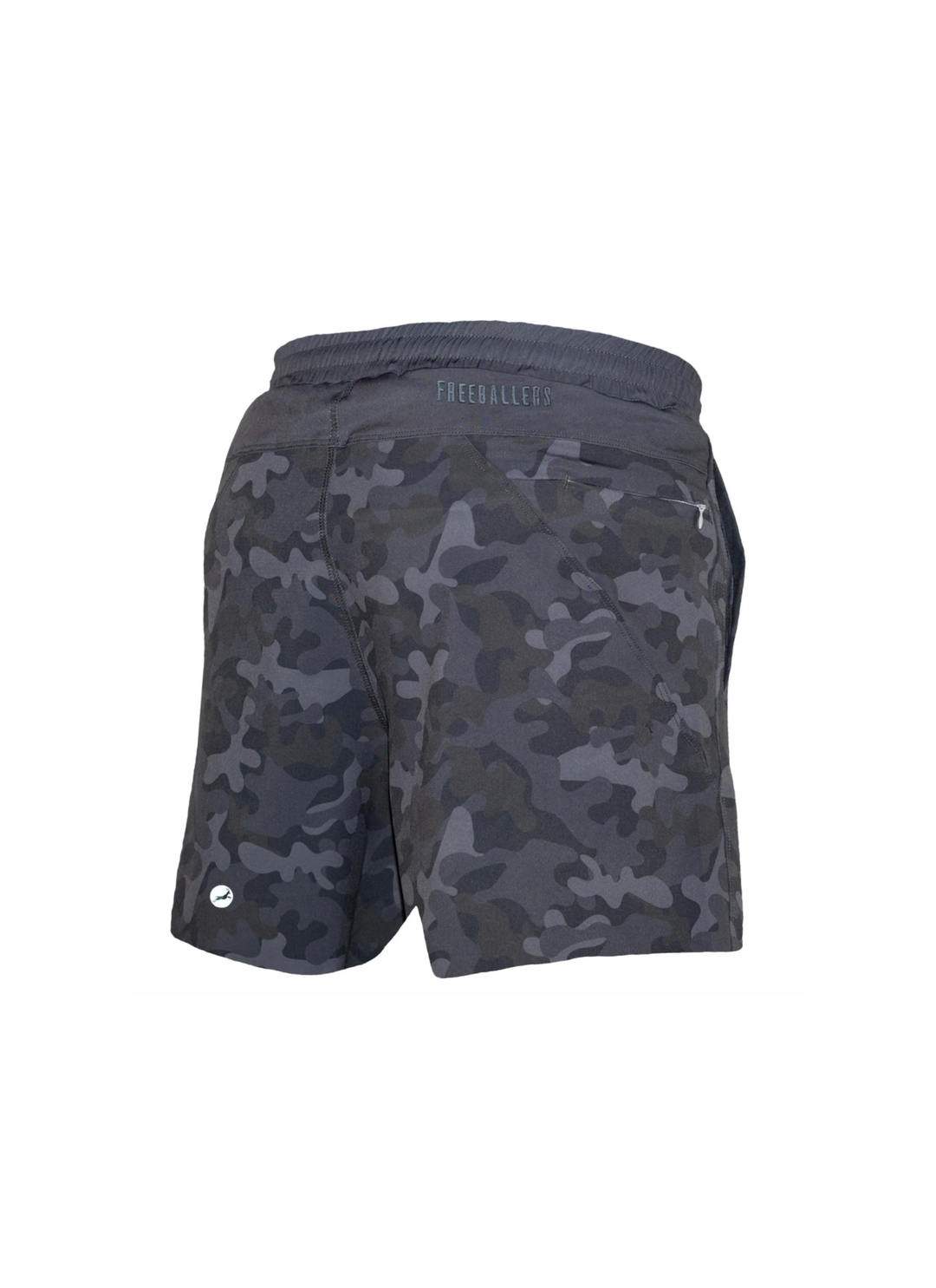 Dark gray camouflage athletic shorts with a dark gray waistband and a small white circular logo on the lower left leg, shown from the back on a white background.