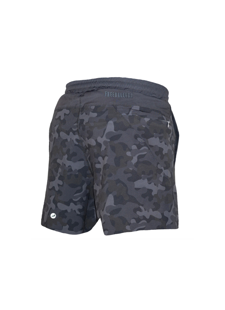 Dark gray camouflage athletic shorts with a dark gray waistband and a small white circular logo on the lower left leg, shown from the back on a white background.