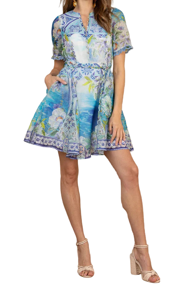 Cyrilla Linen Organza Mini Dress in Blue Multi by Hale Bob - Pickering Boxwood