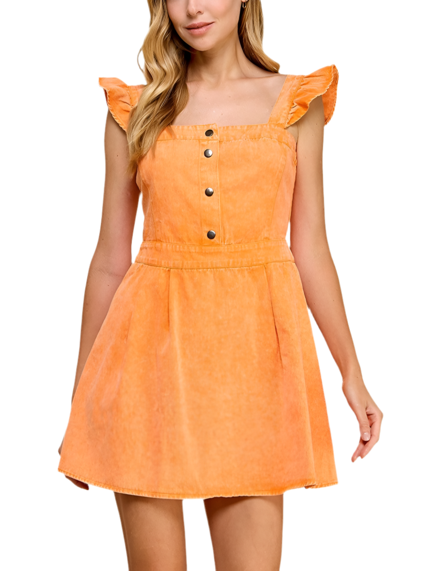 Square neckline, ruffle sleeve dress with a button down detail and an A-line skirt. Featuring a back zipper closure.