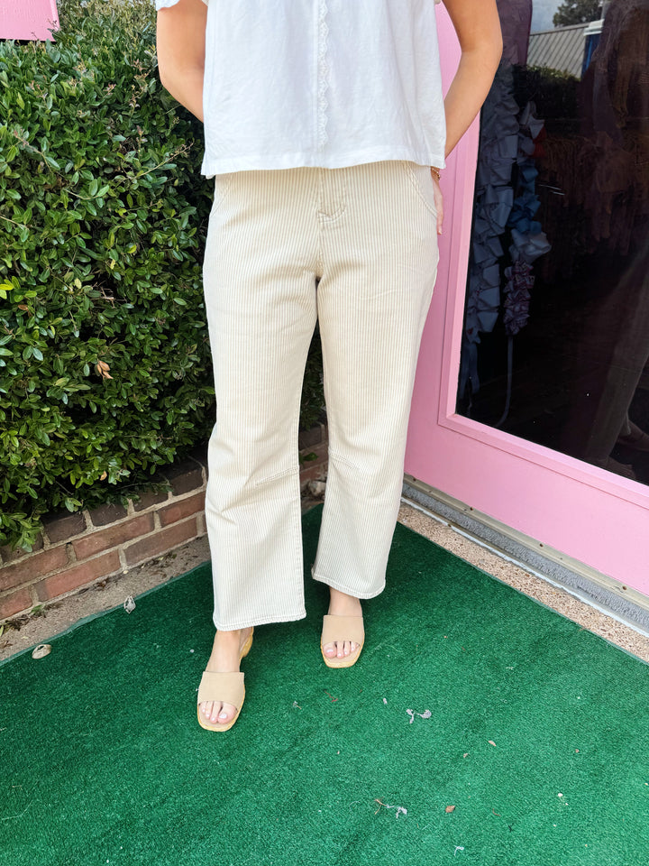 Lasso High Rise Cropped Barrel Leg Jeans in Sand Stripe by Dear John
