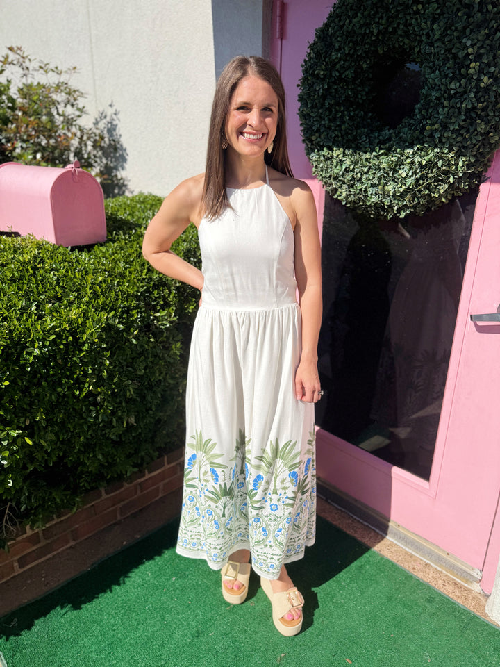 Senara Floral Triny Halter Neck Midi Dress - Pickering Boxwood