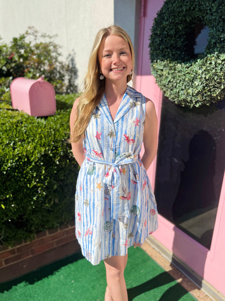 Brittany Tropical Print Dress in Blue