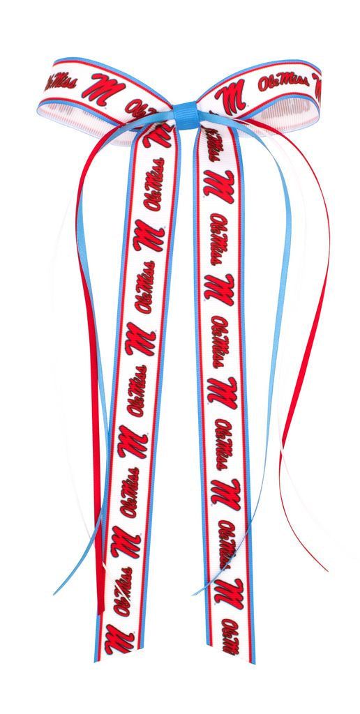 Decorative ribbon bows on a white background, each made from white ribbon printed with red script and bordered in blue, with long red and blue tails extending downward.