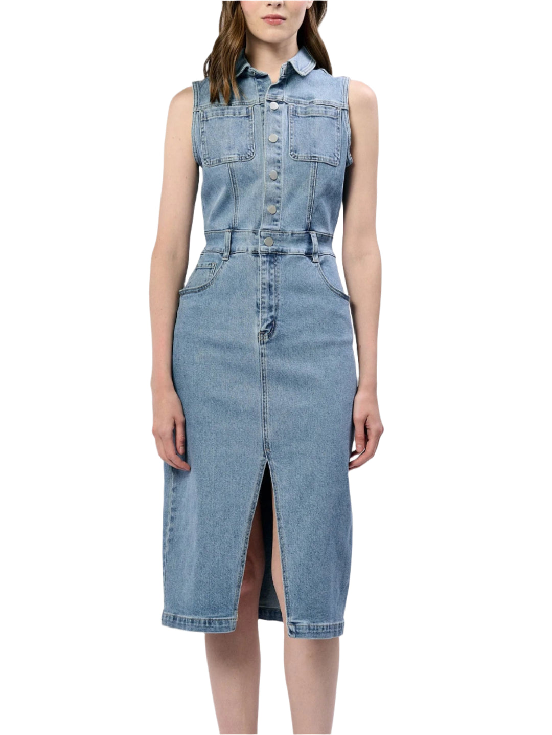 Trish denim dress, a sleeveless epitome of fashion, blending style and functionality seamlessly. This versatile outfit is designed to provide a sleek silhouette, perfect for any occasion. The fitted design highlights natural curves, creating a flattering look that suits both casual and formal settings. Its clean hem offers a polished finish, adding an extra touch of sophistication to any wardrobe. Whether you're heading to a brunch or an evening event, this jumpsuit ensures you stay effortlessly chic while 