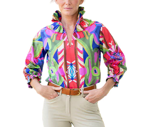 Charleston Sunday© is an ode to one of our favorite cities of the South.   The vibrancy of color meshed with fine architecture and history is blended into this unique design.   The feel of countryside, yet  modern vibe of the city will make you the belle of the ball every day! 

The Harper top is made to dress up or down with its double ruffle collar and easy push up sleeves. It’s tunic length is perfect to wear untucked or tucked into your favorite jeans or skirt.

